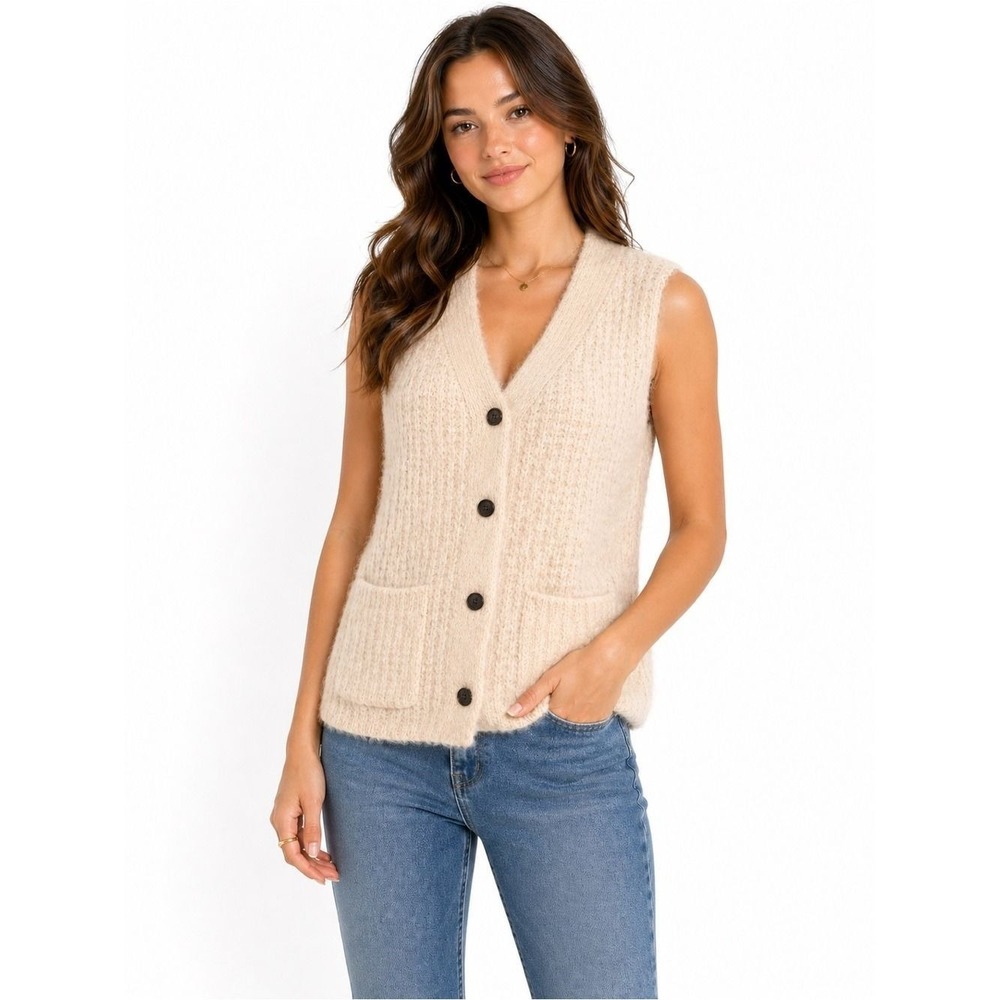 FRNCH Paris Size Small Wool Blend Women's Cream Cardigan Button Up Sweater Vest